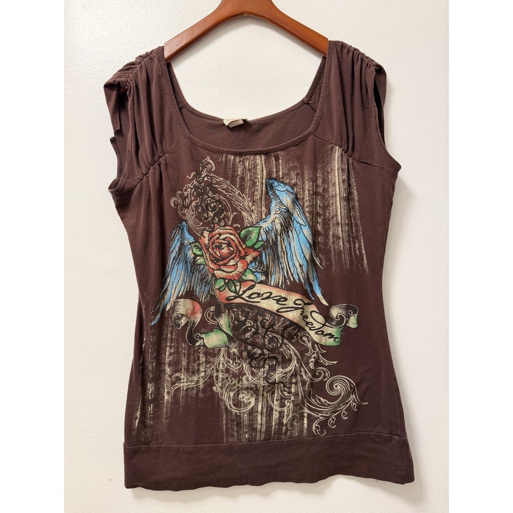 Y2K Check It Out Womens Blouse Brown Love Freedom Top Plus Size 1X Made In USA